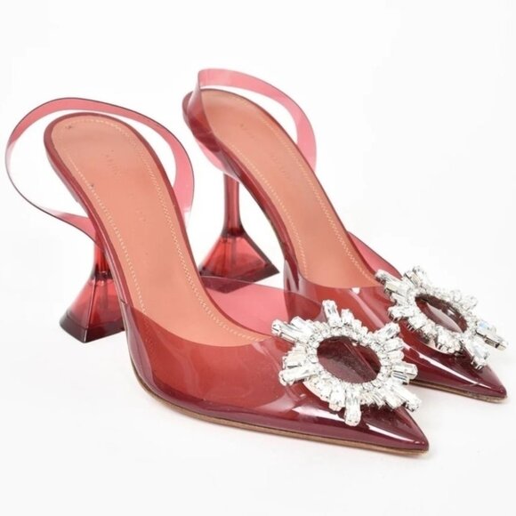 Amina Muaddi Shoes - Amina Muaddi PVC Begum Glass Crystal Rhinestone Buckle Slingback Heel Pumps